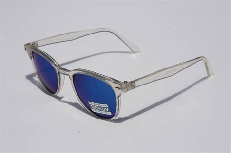 crystal wayfarer sunglasses clear frame blue mirror lens