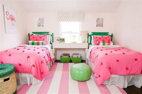 Pink And Green Girls Bedroom With Pink Rugby Striped Rug Contemporary