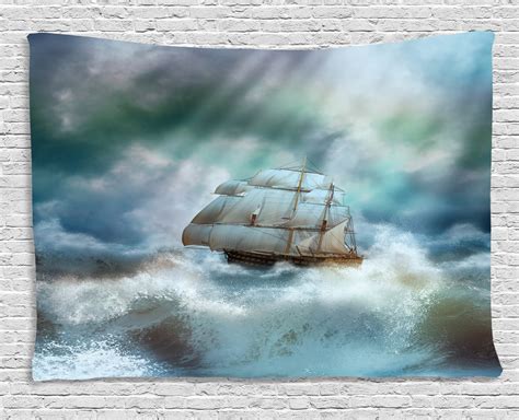 Ocean Tapestry Majestic Nautical Sealife And Pirate Boat Ship On A