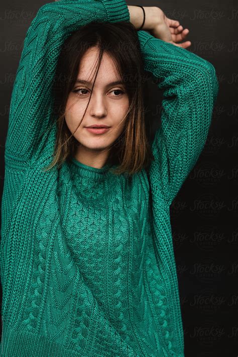 Portrait Of A Girl Wearing Green Knitted Sweater. by ...