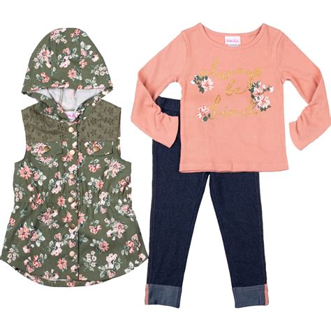 Little Lass Little Girls Floral Vest Waffle Knit Top And Denim