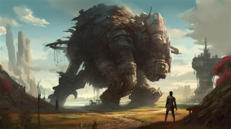 Premium Ai Image A Man Stands In Front Of A Giant Monster