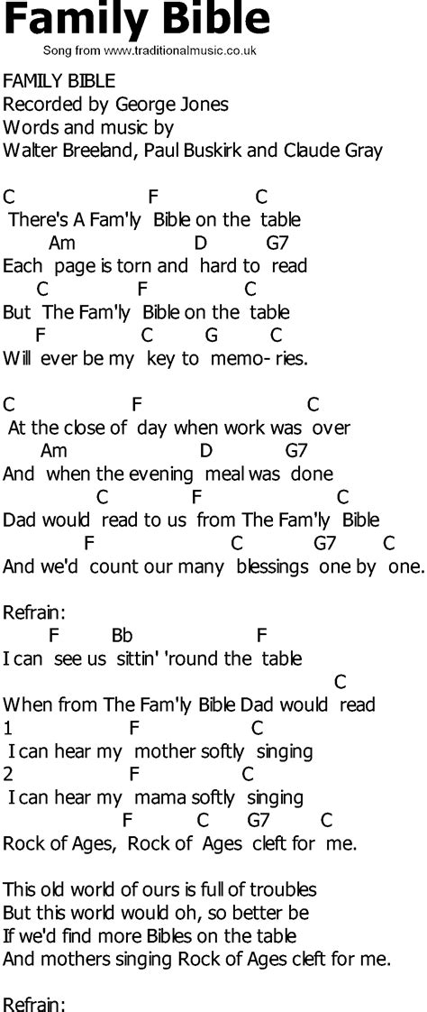 And some instruments have relationships with worldly music that is hard to get away from in the church (drums, electric guitars, etc.). Old Country song lyrics with chords - Family Bible in 2020 | Old country songs, Bible lyrics ...