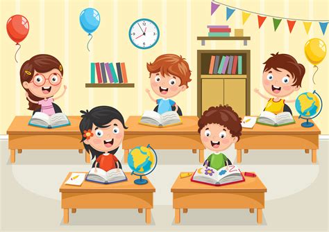 Estudiantes jovenes en una escuela primaria muy pequeña. Cartoon Students Reading Books at Desks - Download Free ...