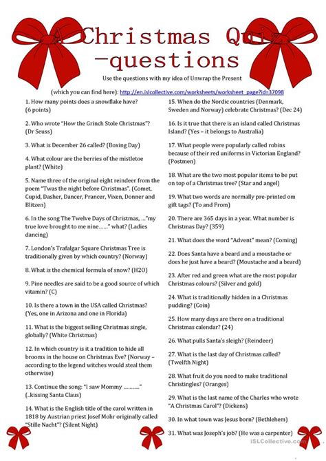 A Christmas Quiz Questions English Esl Worksheets For