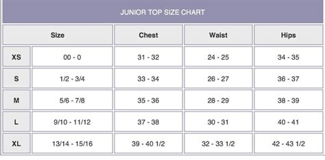 Junior Women S Size Chart