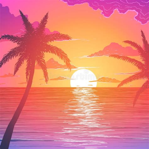 Sunset With Palm Trees Stock Vector Illustration Of Drawing 24919206