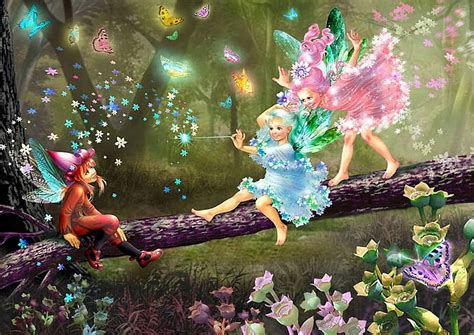Fairies Playing Forest Fairyland Utterflies Painting Flowers