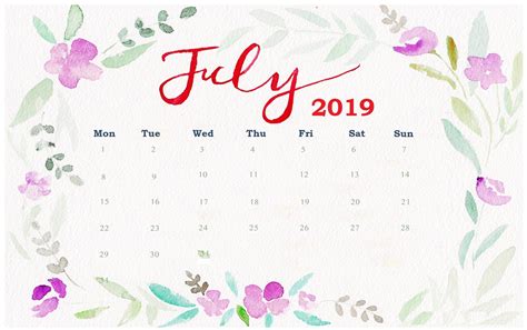 Watercolor July 2019 Desk Calendar Printable Calendar Template