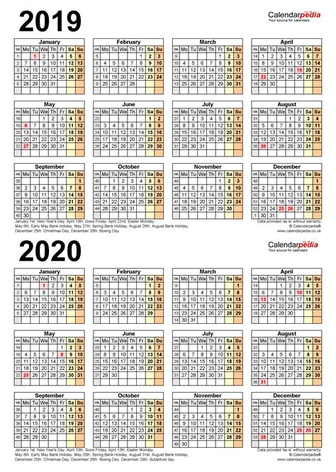 Two Year Calendars For 2019 And 2020 Uk For Pdf
