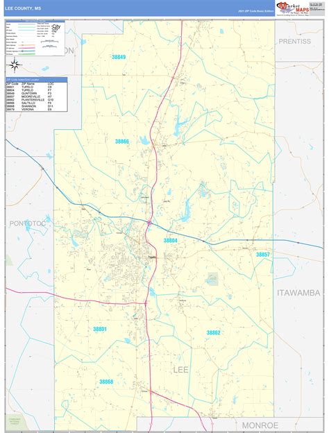Lee County Ms Zip Code Wall Map Basic Style By Marketmaps Mapsales