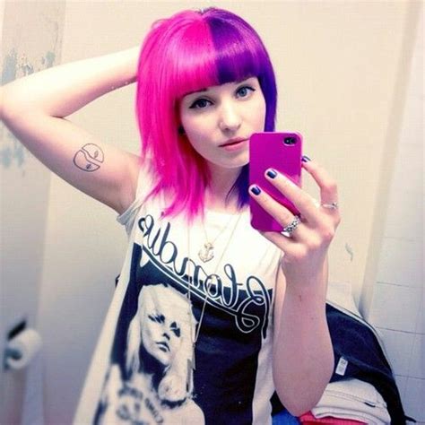 Half Pink Half Purple Short Hair With Bangs Hair Color