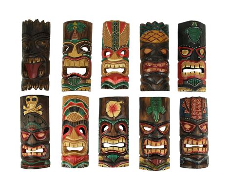 Set Of 10 Hand Carved Tropical Island Style Tiki Masks Decorative Wall Hangings