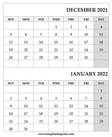 December 2021 January 2022 Calendar Month Printable 2021 Calendar