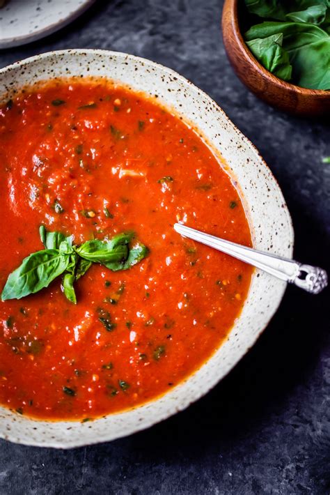Add the tomatoes, garlic and basil to the broth (save 2 tablespoons of basil to use as garnish if you wish); Homemade Roasted Tomato Basil Soup | Ambitious Kitchen