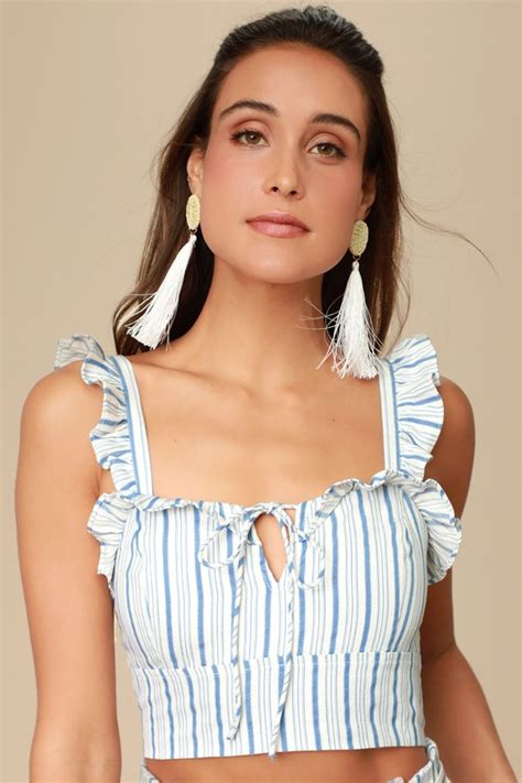 Blue And White Striped Top Tie Front Crop Top Ruffled Top Lulus