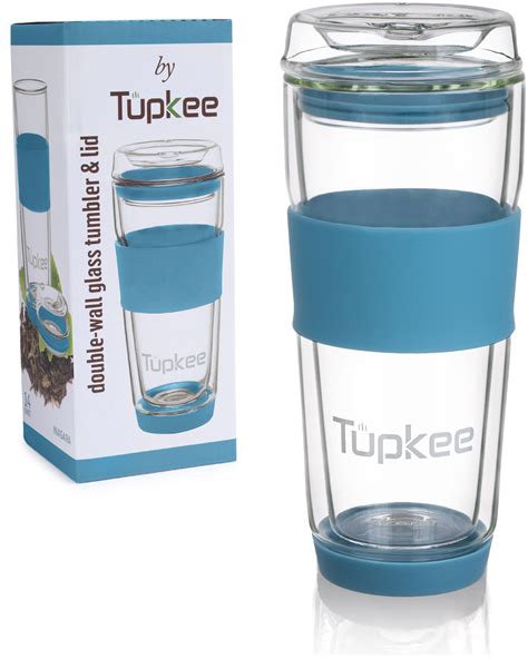 Tupkee Double Wall Glass Tumbler All Glass Reusable Insulated Tea Coffee Mug And Lid Hand Blown