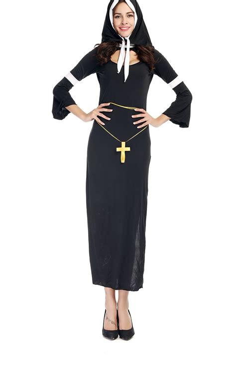 New Sexy Virgin Mary Nun Cosplay Costume Halloween Games Party Religious Long Black Dress