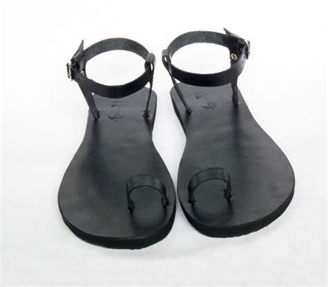 Black Leather Toe Ring Barefoot With Ankle Strap Handmade Sandals