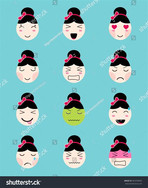 Cute Emoji Collection Kawaii Asian Girl Stock Vector Royalty Free 581878003