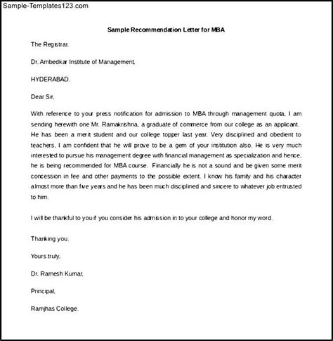 Sample Recommendation Letter For Mba Free Editable Sample Templates