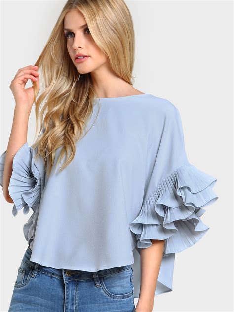 Shein Pleated Ruffle Sleeve Curved Hem Top Fashion Blouses For Women Tops