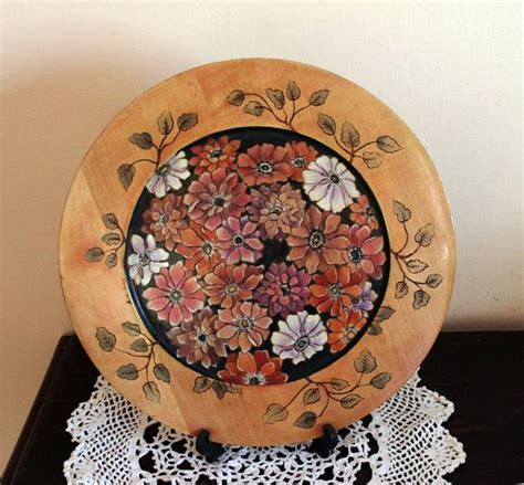Wooden Plate Hand Burned And Painted Wooden Flowers