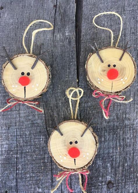 3 Rustic Wooden Reindeer Ornaments Log Slice Rudolph Wooden Reindeer Reindeer Ornaments