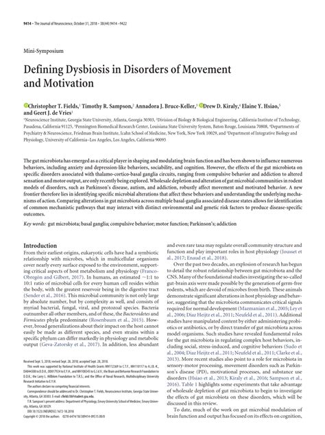 Pdf Defining Dysbiosis In Disorders Of Movement And Motivation