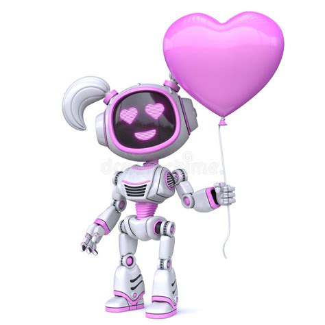 Cute Pink Girl Robot Hold Heart Shaped Balloon 3d Stock Illustration