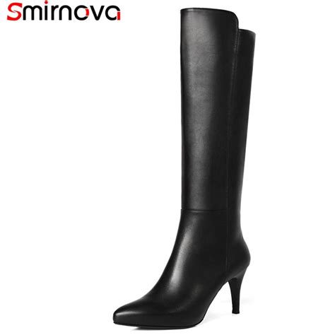 Smirnova 2018 New Arrival Pointed Toe Stiletto Heels Boots Solid Black Genuine Leather Boots