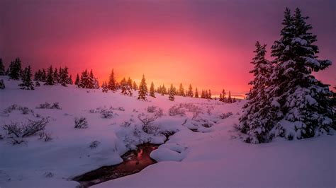 Brook Orange Sky Landscape Snowy Purple Sky Creek Sunset Dawn