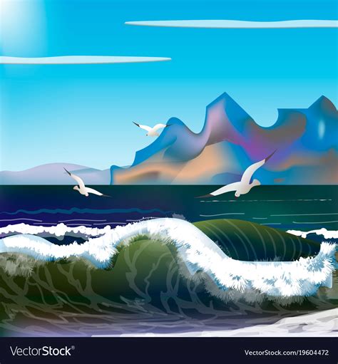 Sea With Waves And Mountains Royalty Free Vector Image