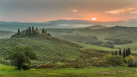 Green Sunset Landscapes Nature Trees Grass Houses Hills Italy