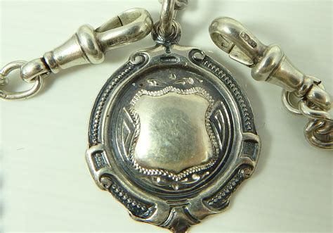 Antique Silver Double Albert Pocket Watch Guard Chain With Silver Medal