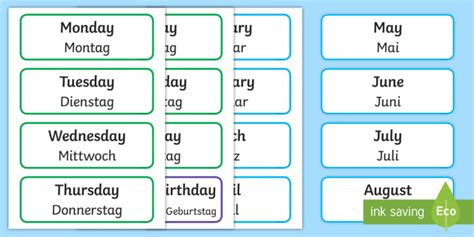 Days Of The Week And Months Of The Year Display Labels Englishgerman