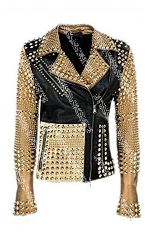 Women Golden Studded Leather Jacket With Black Gold Leather Studs And