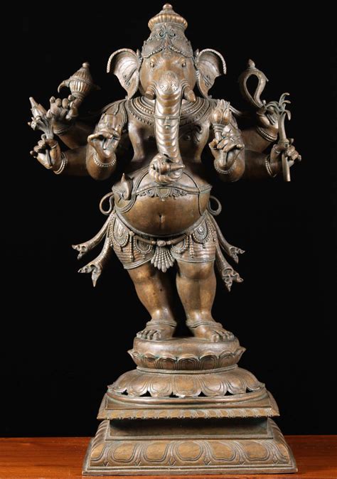 Large South Indian Lost Wax Bronze 6 Armed Ganesh Statue With Conch