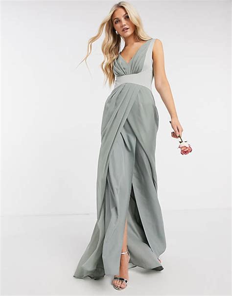 Asos Design Bridesmaid Pleated Detail Bodice Maxi Dress With Button