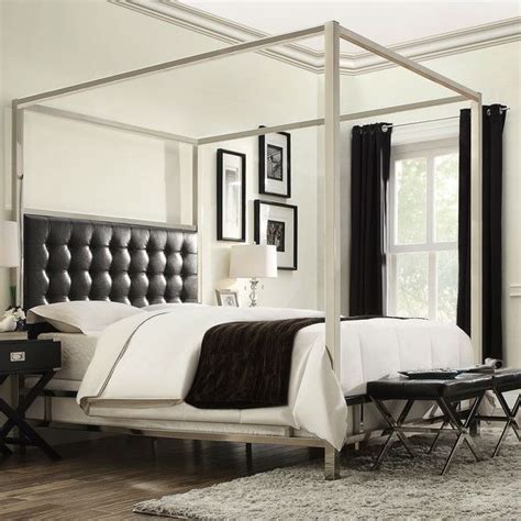 The frame is made from solid metal with a stone gray finish and antique gold finials. King size Metal Canopy Bed with Black Faux Leather ...