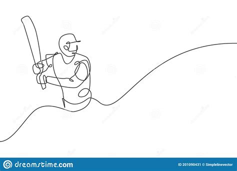 Single Continuous Line Drawing Of Young Agile Man Cricket Player