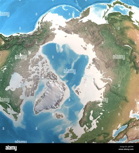 Physical Map Of North Pole Arctic Ocean And Greenland With High