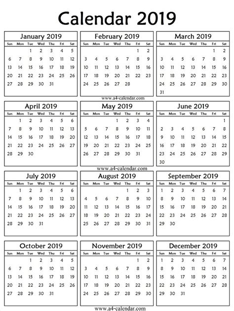 2019 Portrait Calendar Printable Calendar Printables Calendar 2019