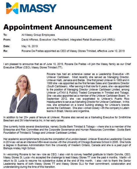 Appointment Announcement Massy Stores Trinidad