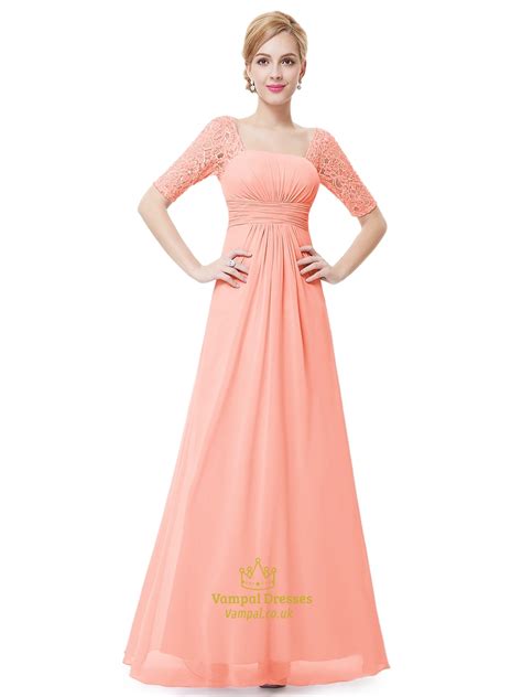 Elegant Peach Long Chiffon Bridesmaid Dresses With Lace Sleeves