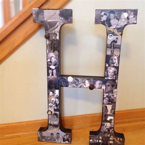 I used mod podge to cover one letter in tissue paper squares. Cute photo collage idea Supplies: Paper mâché letter ...