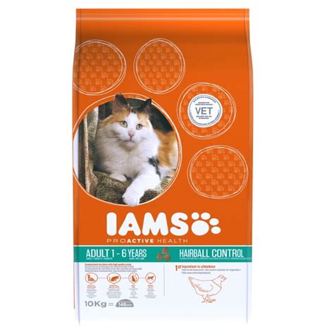 Made with vitamin a & taurine to support healthy vision. Iams Adult Cat Hairball Control Cat Food 10kg | Feedem