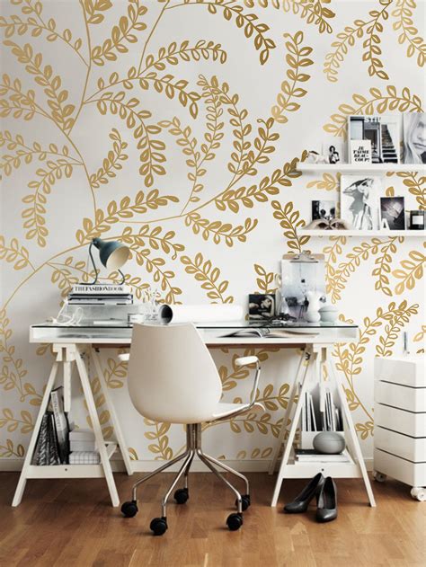 Gold Leaves Removable Wallpaper Gold Wall Mural Reusable Etsy Gold