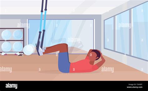 Sporty Man Doing Sit Ups Abdominal Exercises With Suspension Fitness