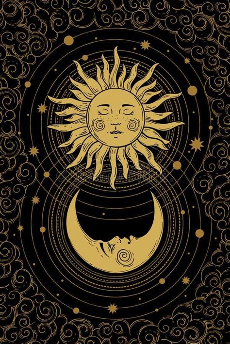 Celestial Golden Crescent Moon Pattern With Face Sun And Clouds On A